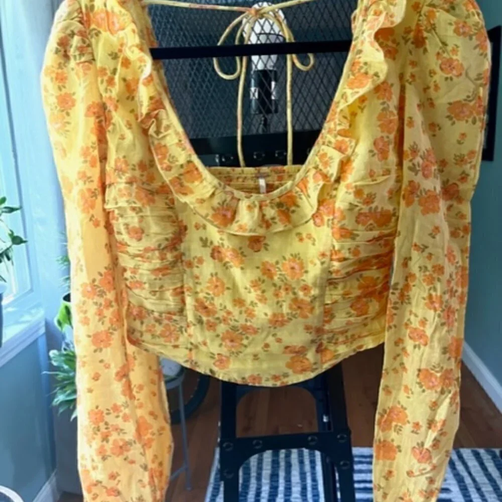 Free People Yellow Floral Print Blouse Ruffles Ruching Balloon Sleeve Small NWT